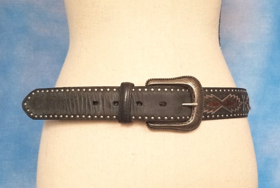 Vintage Gunmetal Gray Leather Western Belt, Southwestern 