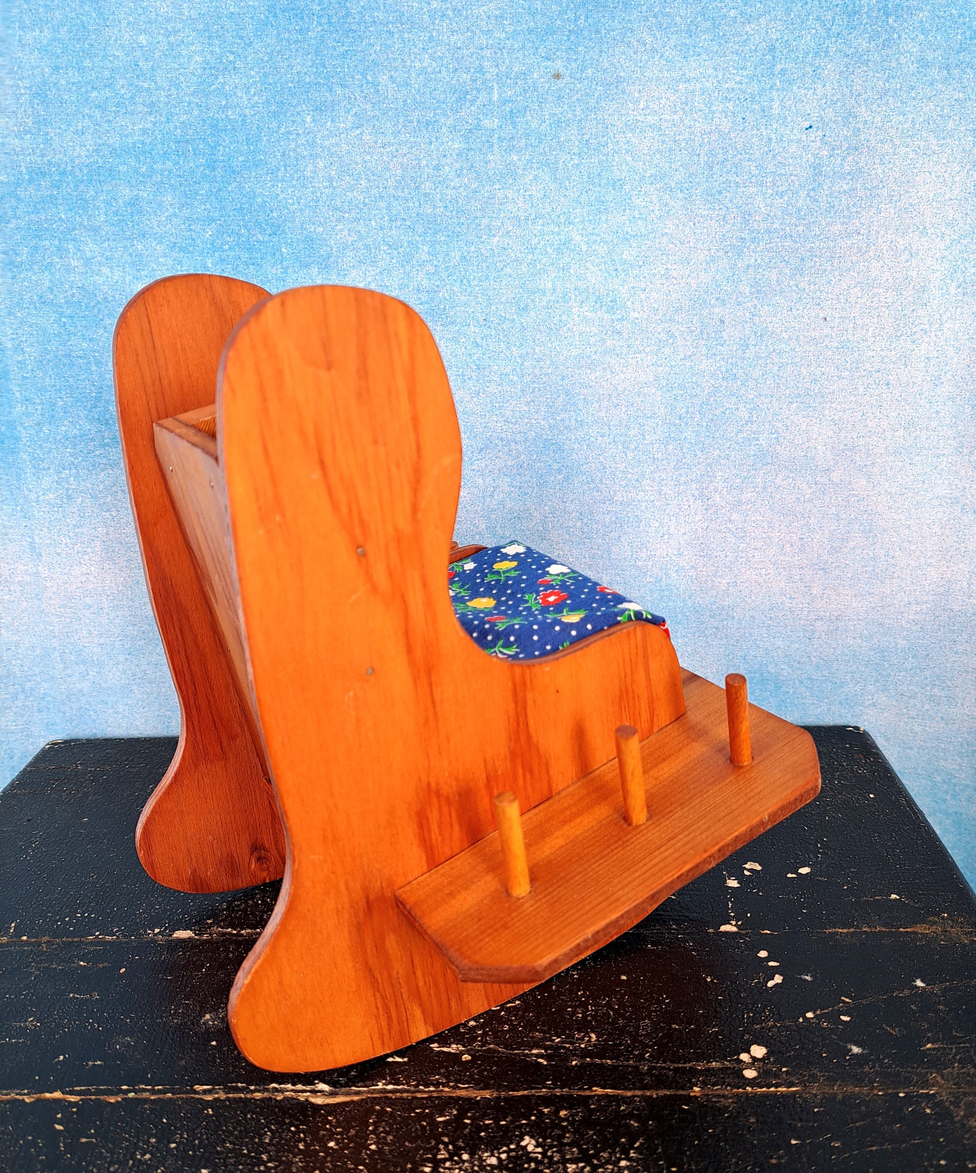Vintage 70s Plywood Rocking Chair Sewing Caddy With Flowered
