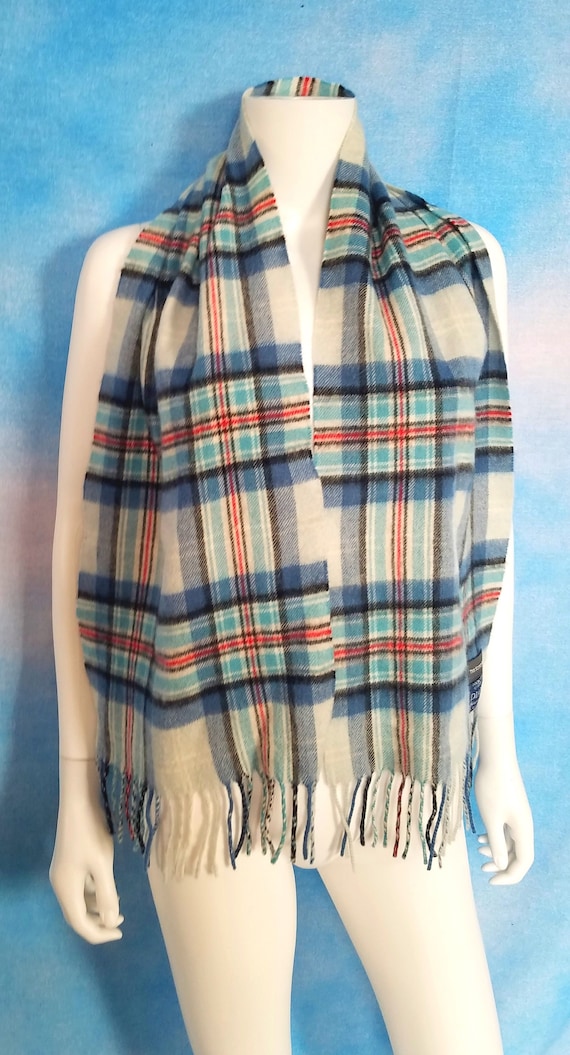 Vintage 90s Blue & Red Plaid Fringed Winter Scarf/