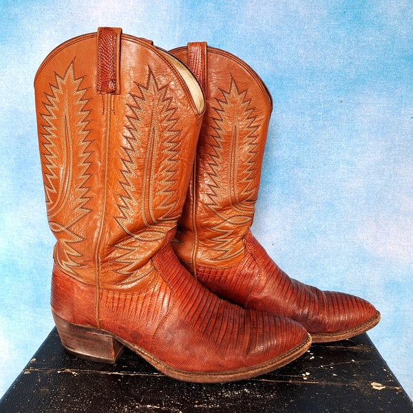 Vintage 90s Mens Fancy Ochre Teju Lizard Cowboy Boots/ Dan Post/ Size 10E