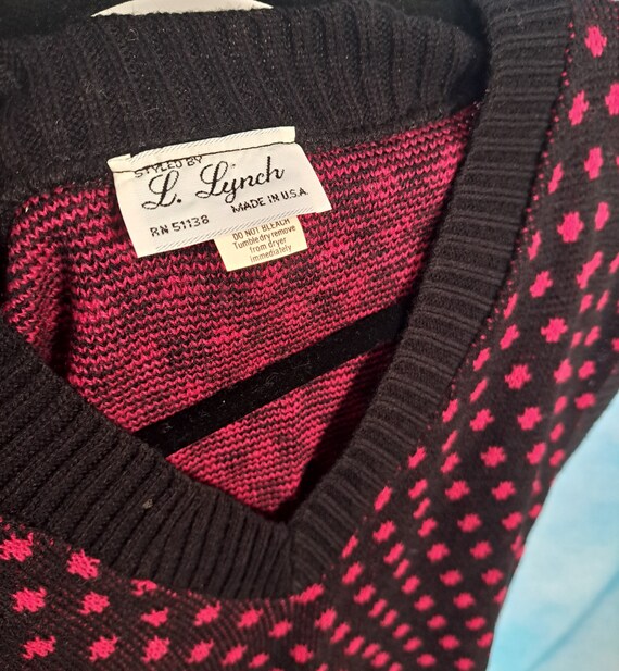 Vintage 80s Black and Pink V Neck Polka Dot Sweat… - image 10