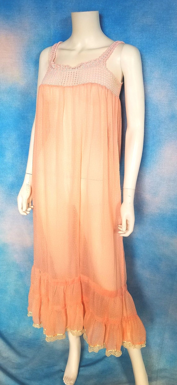 Vintage 70s Pink & White Dotted Sheer Gauze Maxi P