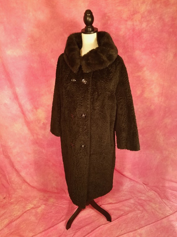 Vintage 60s Custom Made Black Faux Persian Lamb a… - image 1