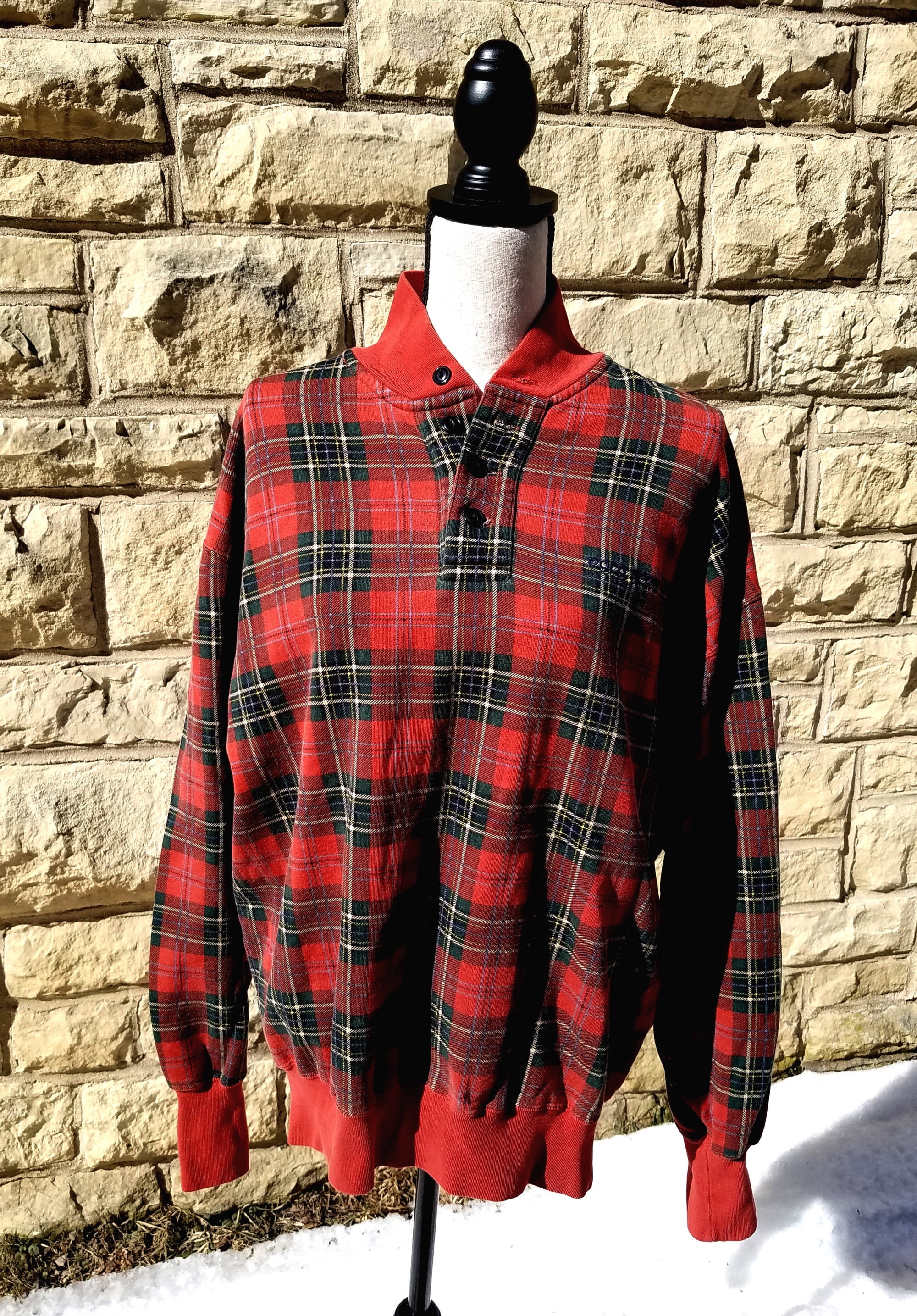 Vintage 90s Red and Green Plaid Print Polo Sport Henley Sweatshirt