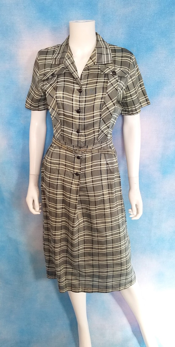 Vintage 60s Black, White, Pale Blue and Gold Lurex Plaid Shirt Dress with Matching Belt/ Size M-L