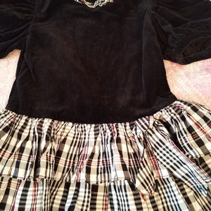 Vintage 80s Toddler Black Velvet Puff Sleeved Party Dress with Tartan Taffeta Skirt/ Nannette/ Size 2T image 5