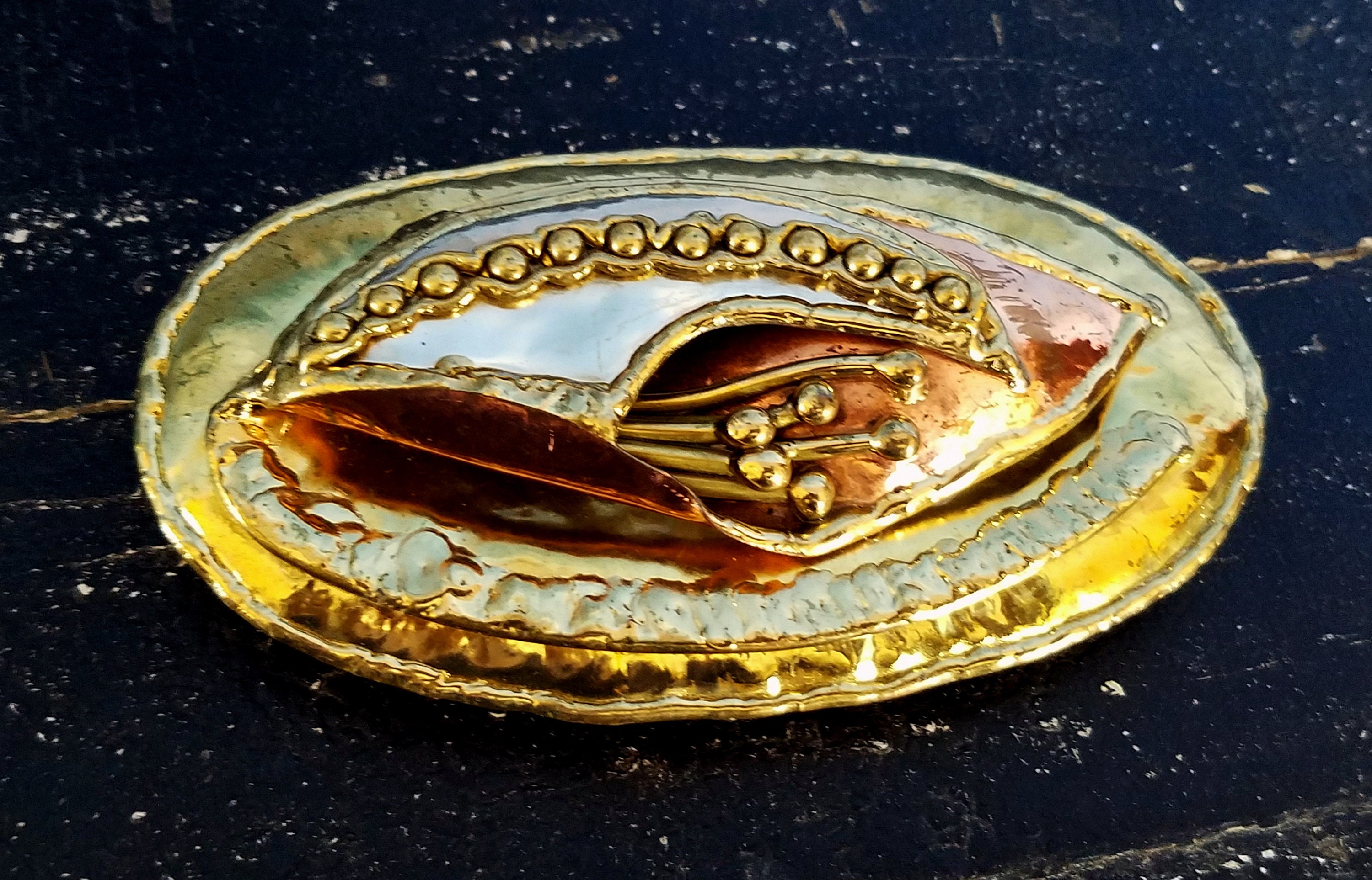 Vintage 70s or 80s Brutalist Hammered Brass and Copper Slide  display picture 1