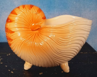 Vintage 1970s Realistic Painted Nautilus Seashell Ceramic Planter, Oceana, Beach, Coastal, Nautical Decor/ Fitz and Floyd, Japan/ 6.5” Tall