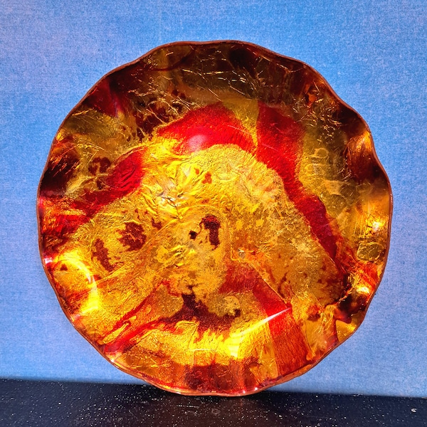 Vintage 60s Red and Yellow Metallic Swirl Psychedelic Scalloped Edge Decorative Plate/ Mexican Foil Art Glass Leather Back Seetusee Style