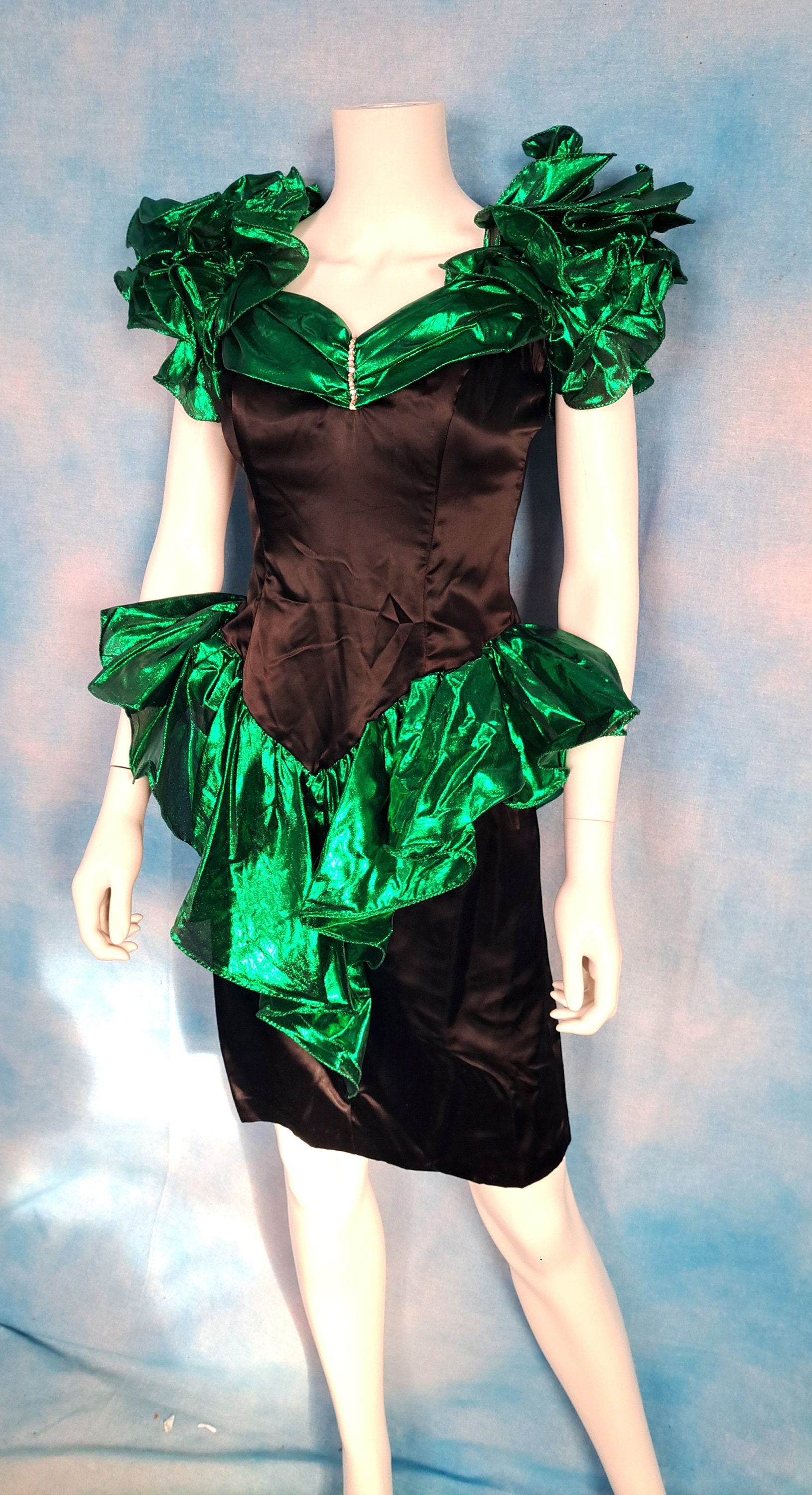 Vintage 80s Black Satin Green Metallic Taffeta Wiggle Peplum Prom Dress W Bodice Boning Rhinestone Detail Plunging Back zum Zum Size S Etsy UK