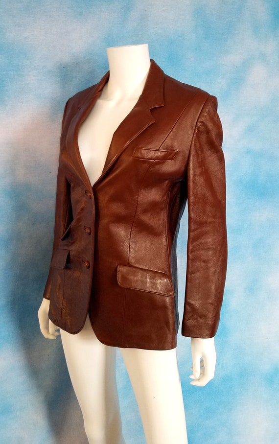 Vintage 70s Red-Brown Shiny Leather Blazer Jacket… - image 7