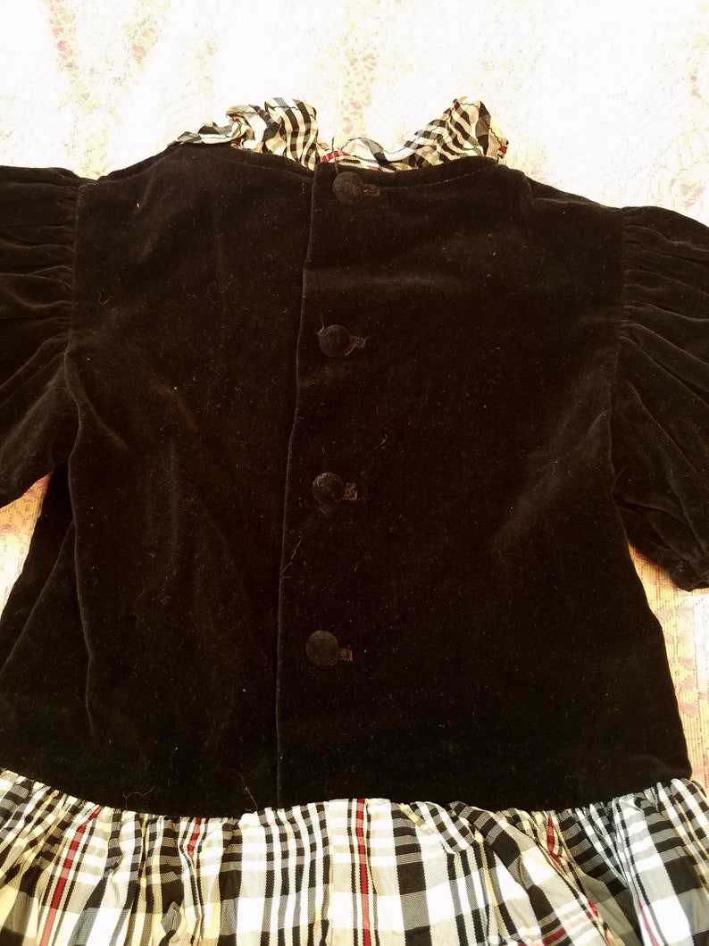 Vintage 80s Toddler Black Velvet Puff Sleeved Party Dress with Tartan Taffeta Skirt/ Nannette/ Size 2T image 7