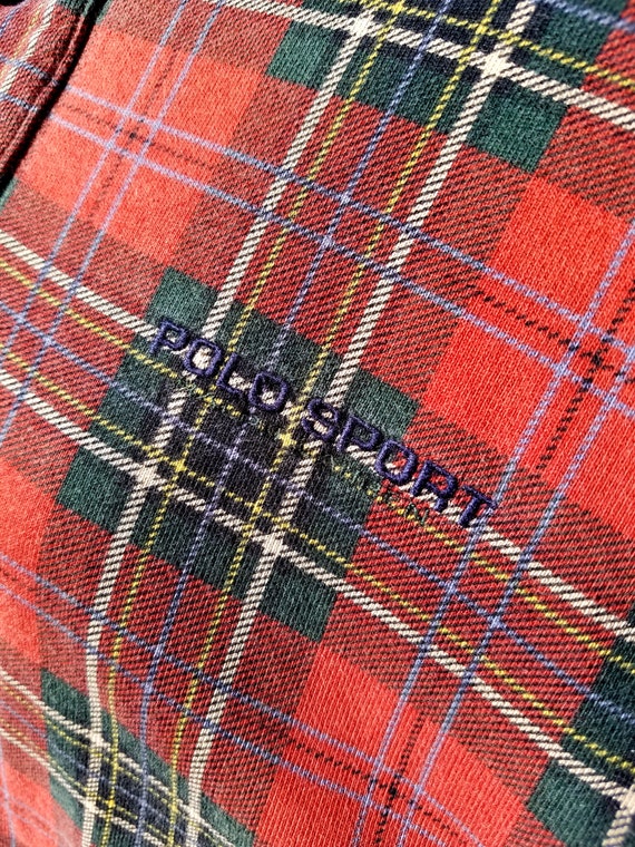 Vintage 90s Red and Green Plaid Print Polo Sport Henley Sweatshirt