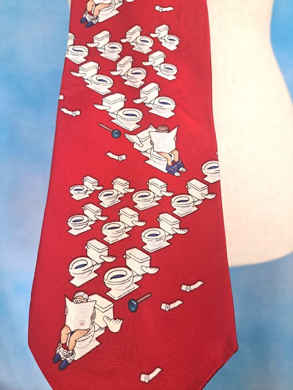 Vintage 90s Red Silk Flying Toilets Novelty Tie, A