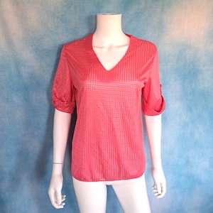 Vintage 80s Shiny Semi Sheer Raspberry Pink Half Sleeve Top/ V Neck, Cuffed Sleeves/ Size M-L