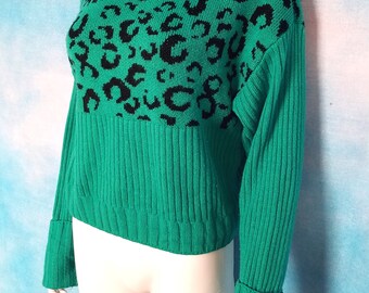 Vintage 90s Y2K Turquoise and Black Ribbed and Leopard Knit