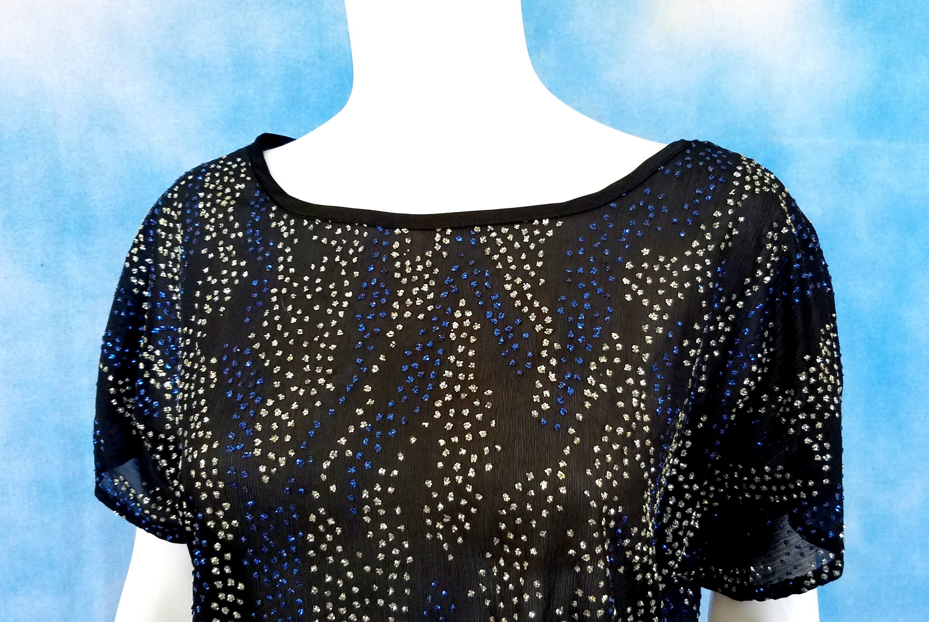 Vintage 80s Glam Semi Sheer Black Short Sleeved Top With
