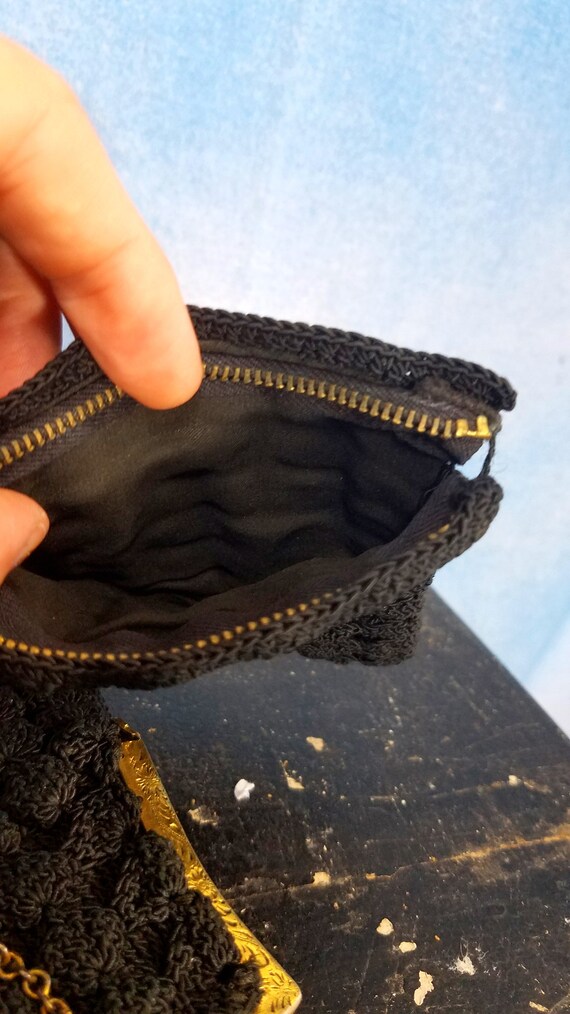 Vintage 1930s Black Gimp Cordet Crochet Handbag With Ornate Gold