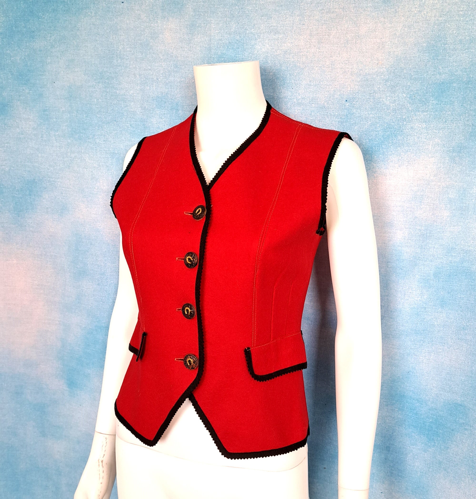 Vintage 1950s Women's Crimson Red Felt Western Cowgirl Fitted Vest