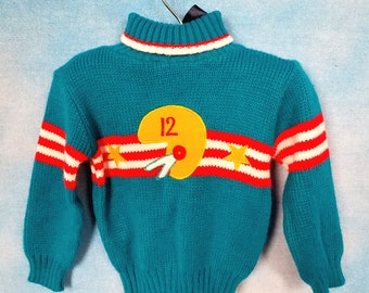 Vintage 80s Baby Toddler Teal, Red, White and Yellow Turtleneck Football Sweater/ Lei Kids/ 18 Mo