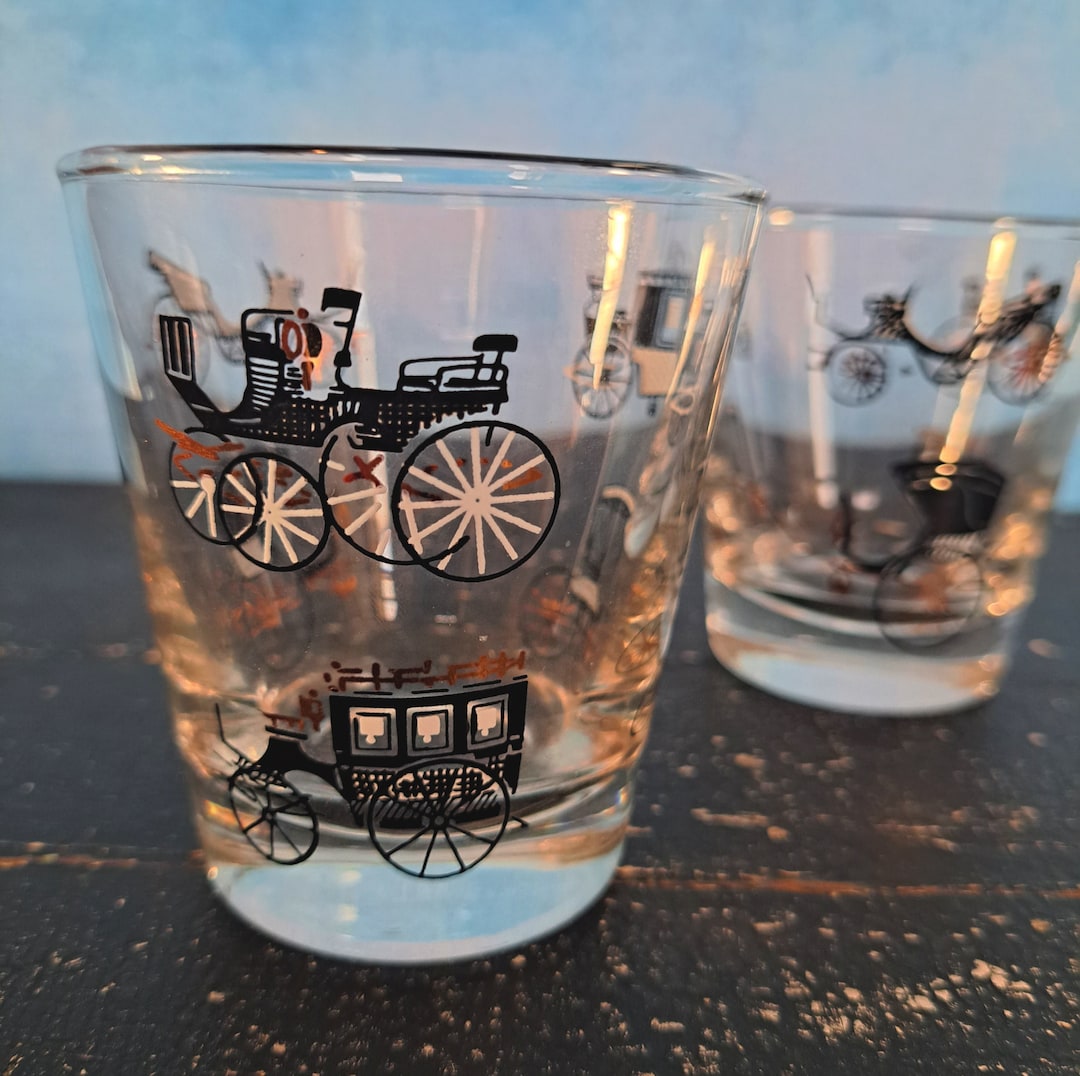 ビンテージ 骸骨デザイン ガラスボトル 2色セット Vintage 1960s 2 Rocks Glasses With Antique Cars and