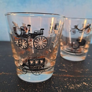 Vintage 1960s 2 Rocks Glasses with Antique Cars and Carriages Buggies in Black, White and Gold/ Barware Tumblers Old Fashioned Curio Libbey
