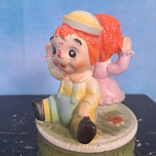 Vintage 70s Porcelain Rotating Musical Statue, Baby Raggedy Ann and Andy, Plays “This Old Man”/ a Price Import, Japan/ 6” Height