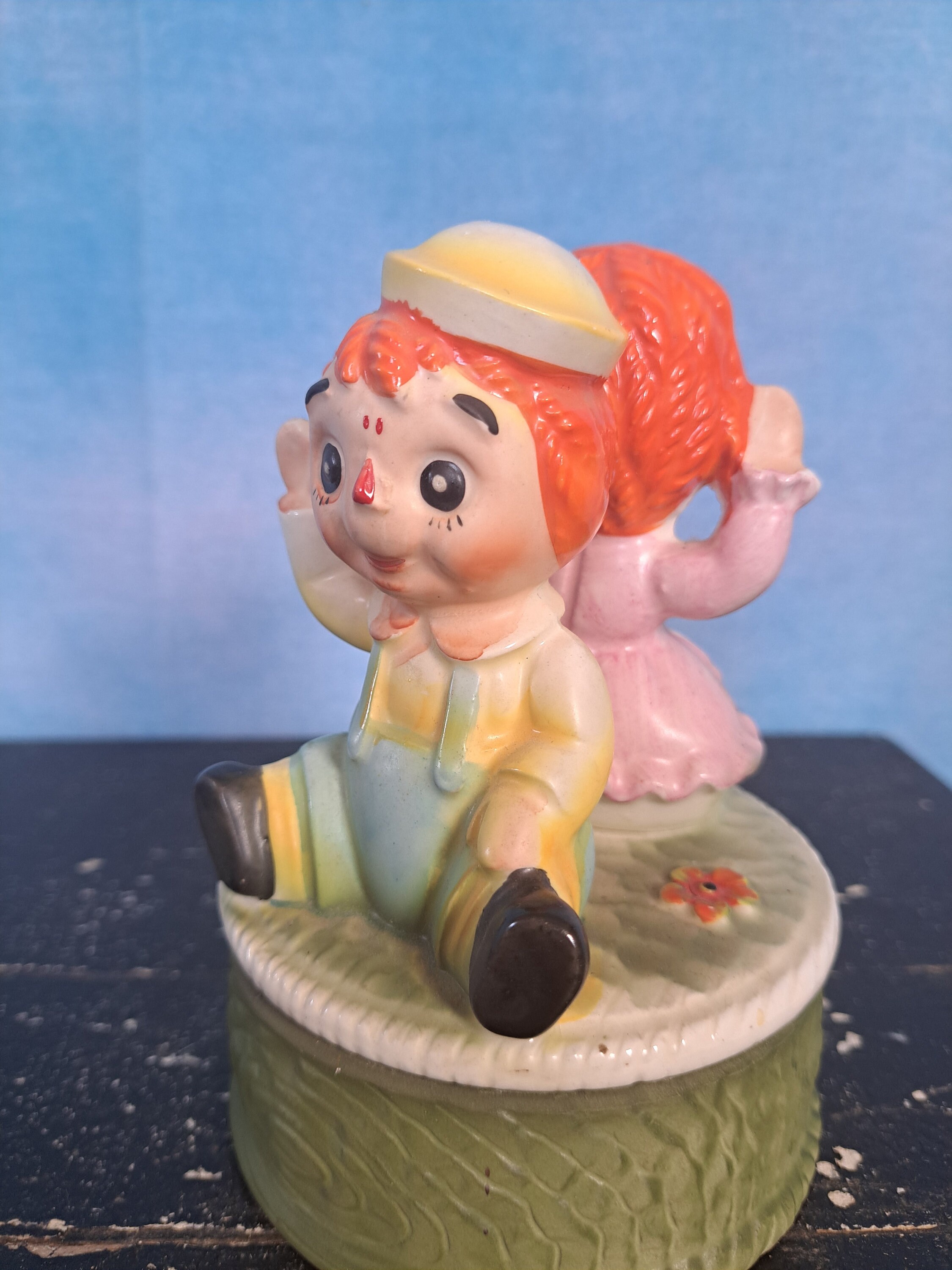 Vintage 70s Porcelain Rotating Musical Statue, Baby Raggedy Ann