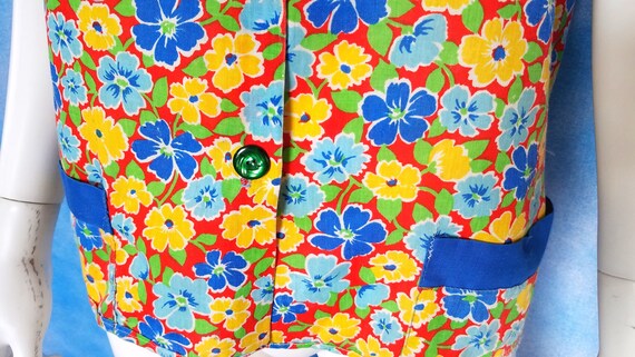 Vintage 60s Color Block and Floral Calico Blue, Y… - image 6