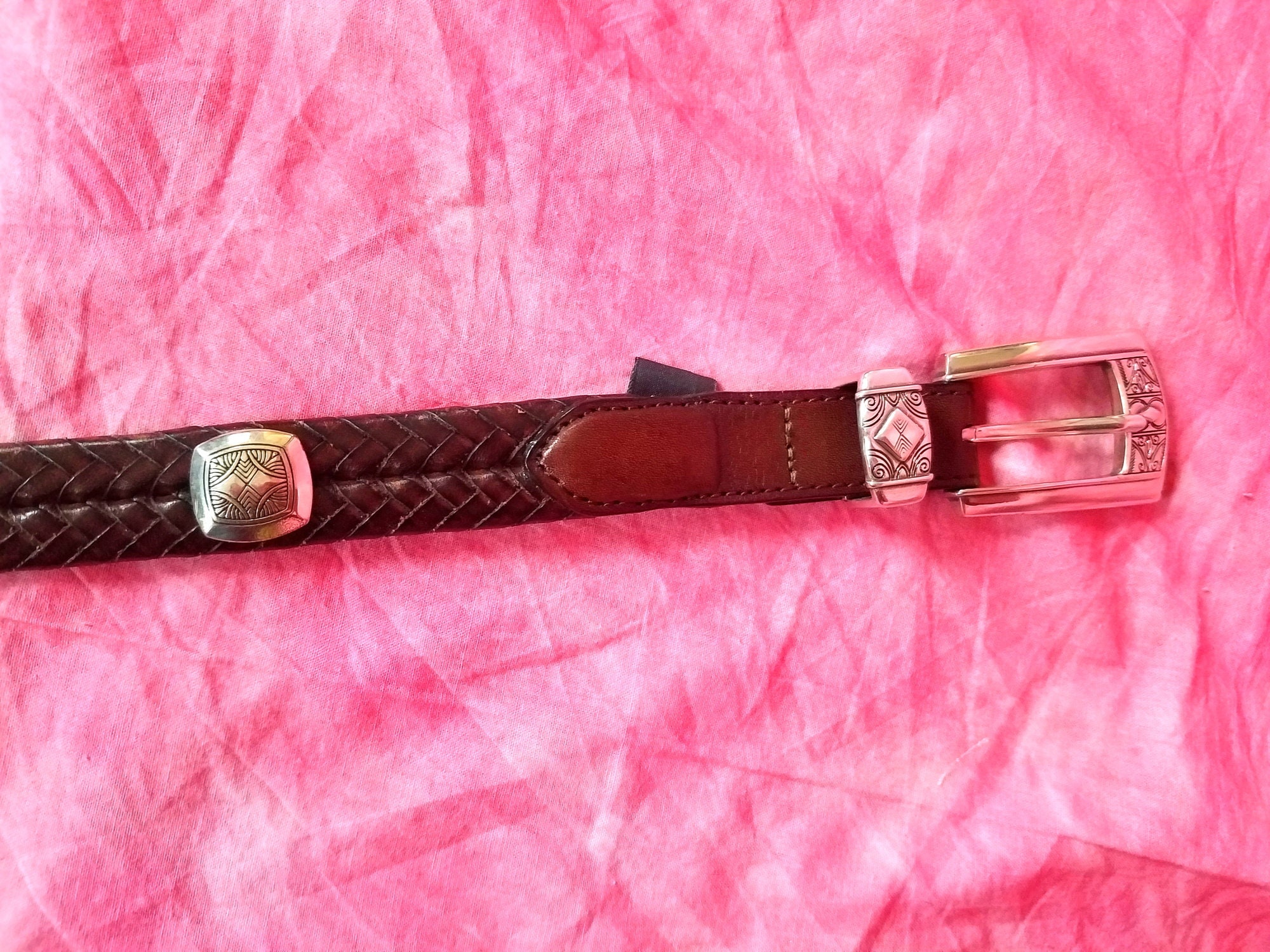 Brighton Vintage Brown Woven Weave Leather Belt Silver Tone Buckle 1996 Office Vintage 1996 Brighton Brown Embossed Leather Belt Sz S  main image 4