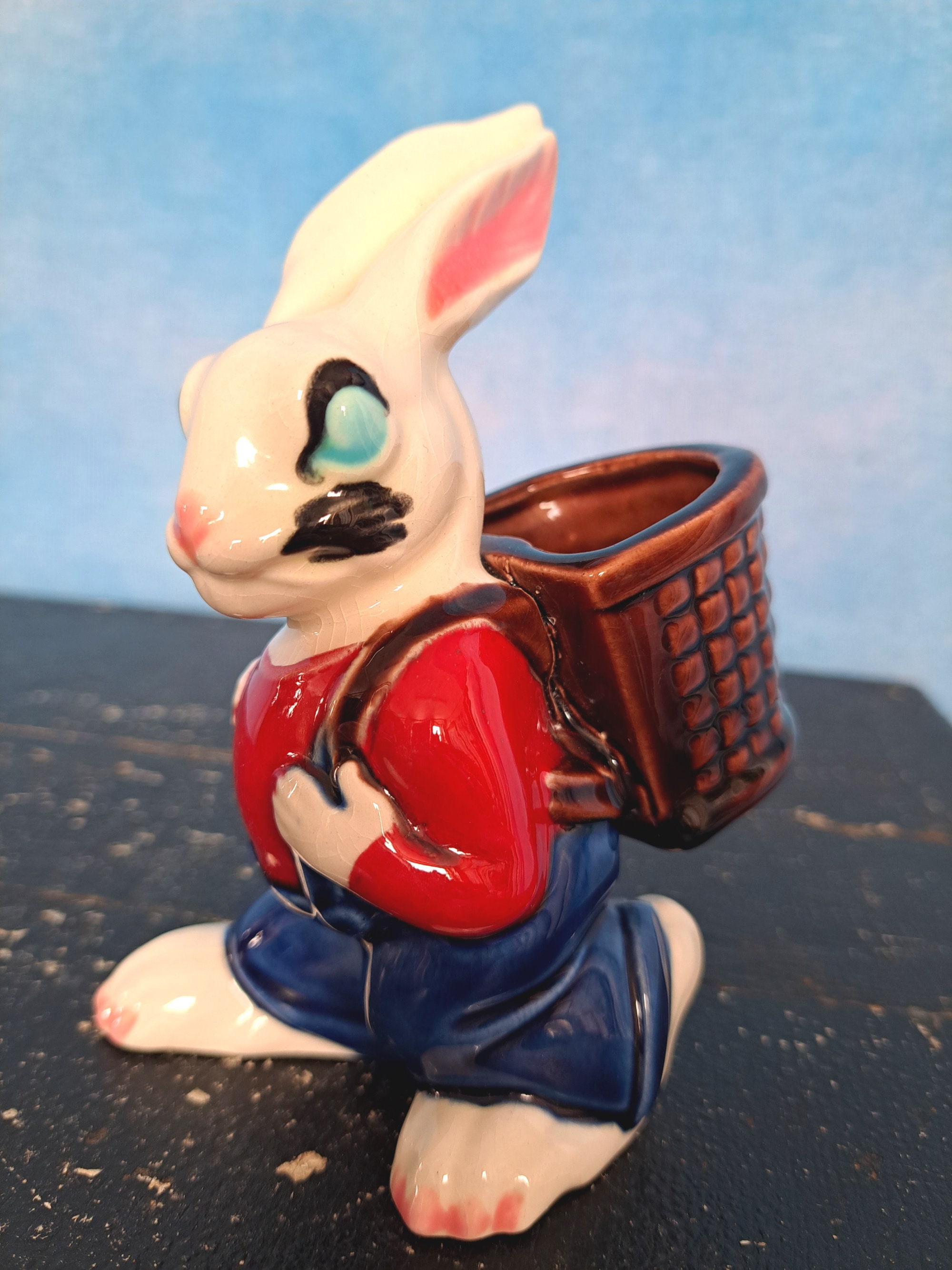 Vintage 60s White Porcelain Rabbit Figurine Wearing Red Shirt and