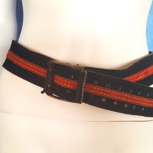 Vintage 70s Suede and Leather Black and Burnt Orange Striped Double Pronged Motorcycle BMX Belt/ Waist Range 29.25”-35”