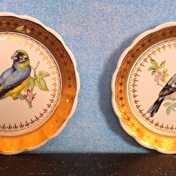 Vintage 50s or 60s Mid Century Pair of 2 Mini Gilded Bird Plates China Coasters/ Japan