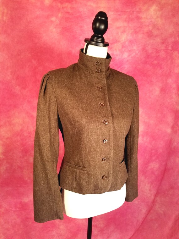 Vintage 80s Cocoa Brown Womens High-Collared Wool… - image 1