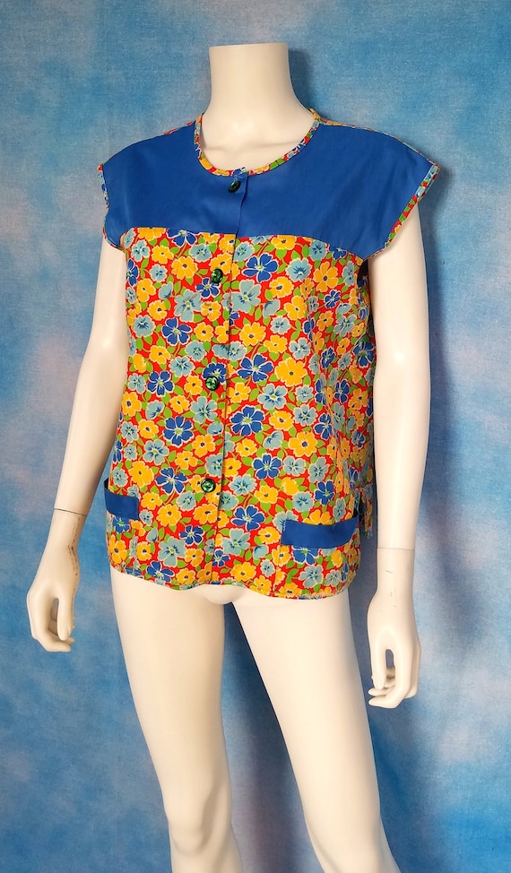 Vintage 60s Color Block and Floral Calico Blue, Y… - image 1