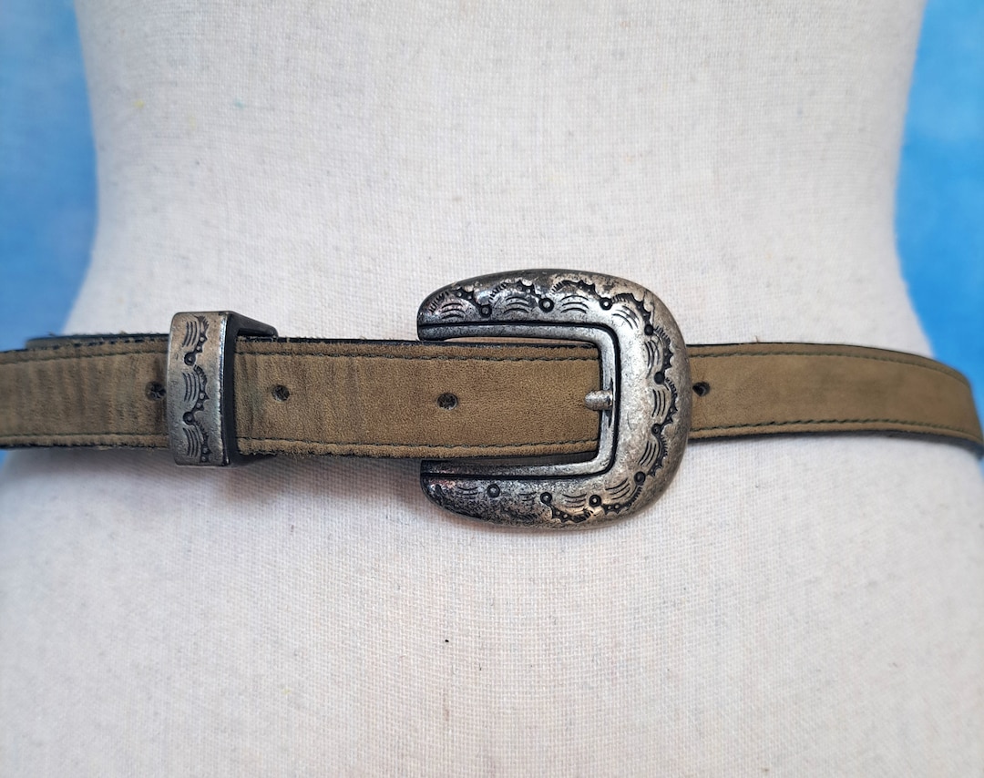 Vintage 80s Super Skinny Western Belt, Heavy Stamped Silver Tone