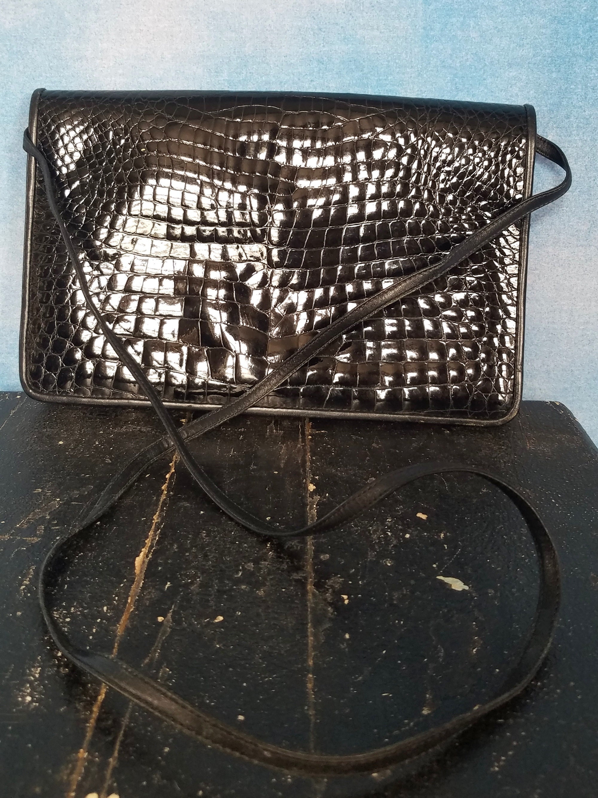 Vintage 80s Black Patent Leather Reptile Patterned Minimalist Crossbody Bag with Magnetic Clasp, Ultra Skinny Strap/ Anne Klein for Calderon