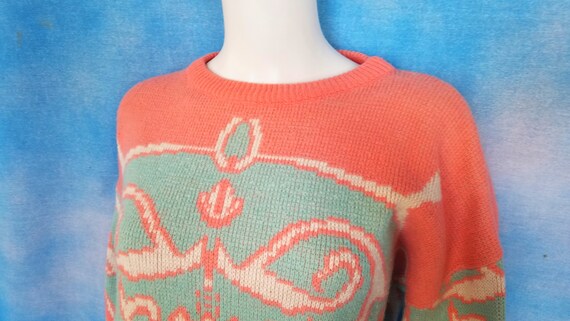 Vintage 80s Coral, Aqua and White Pastel Graphic … - image 4