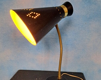 Vintage late 50s early 60s Black and Gold Gooseneck Desk Lamp w Diamond Perforated Shade/ Brass and Aluminum/As Is, needs re-wiring