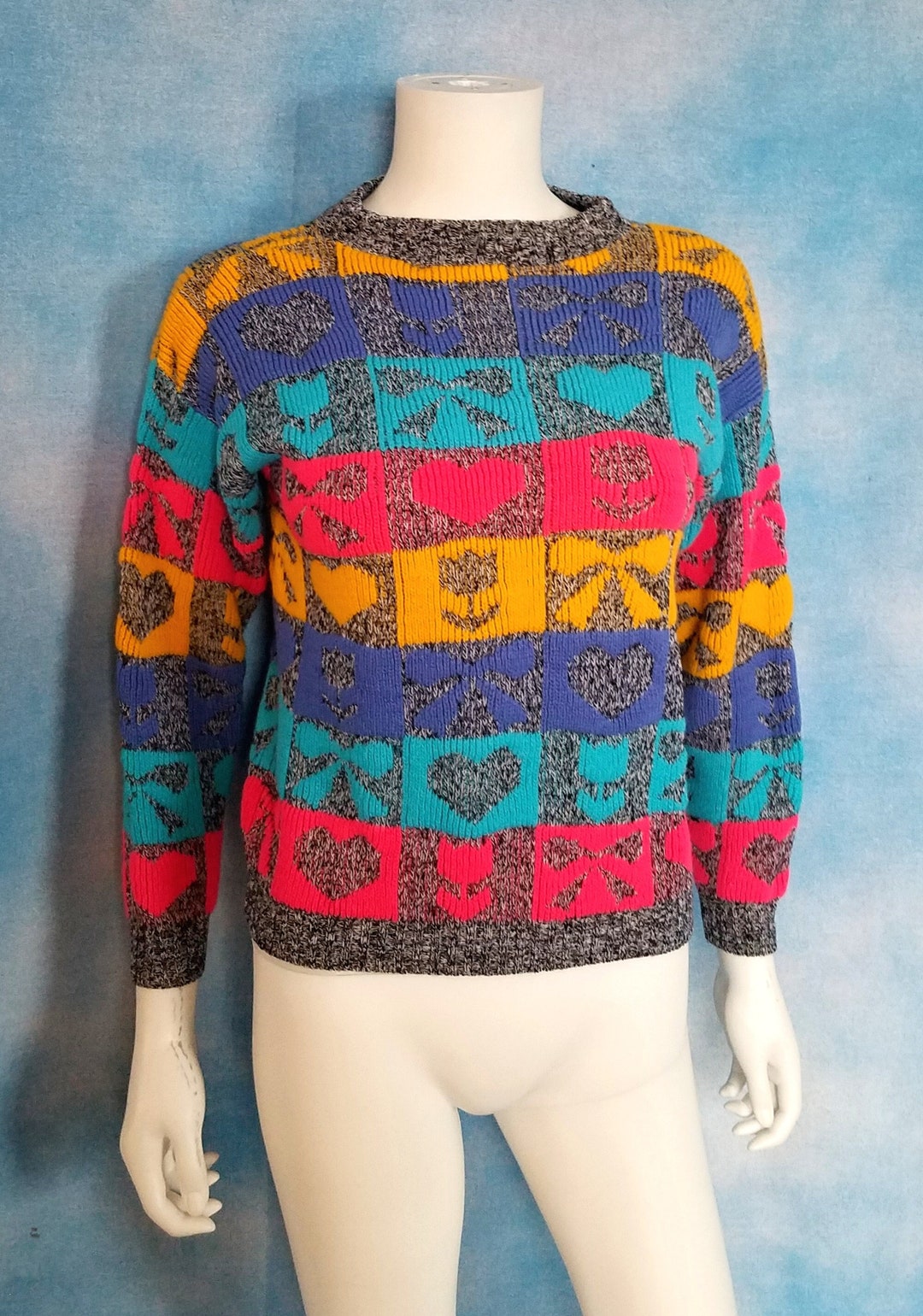 Vintage 80s Brightly Colored Checkered Tulip, Bow and Heart Vintage 80s Brightly Colored Checkered Tulip, Bow and Heart