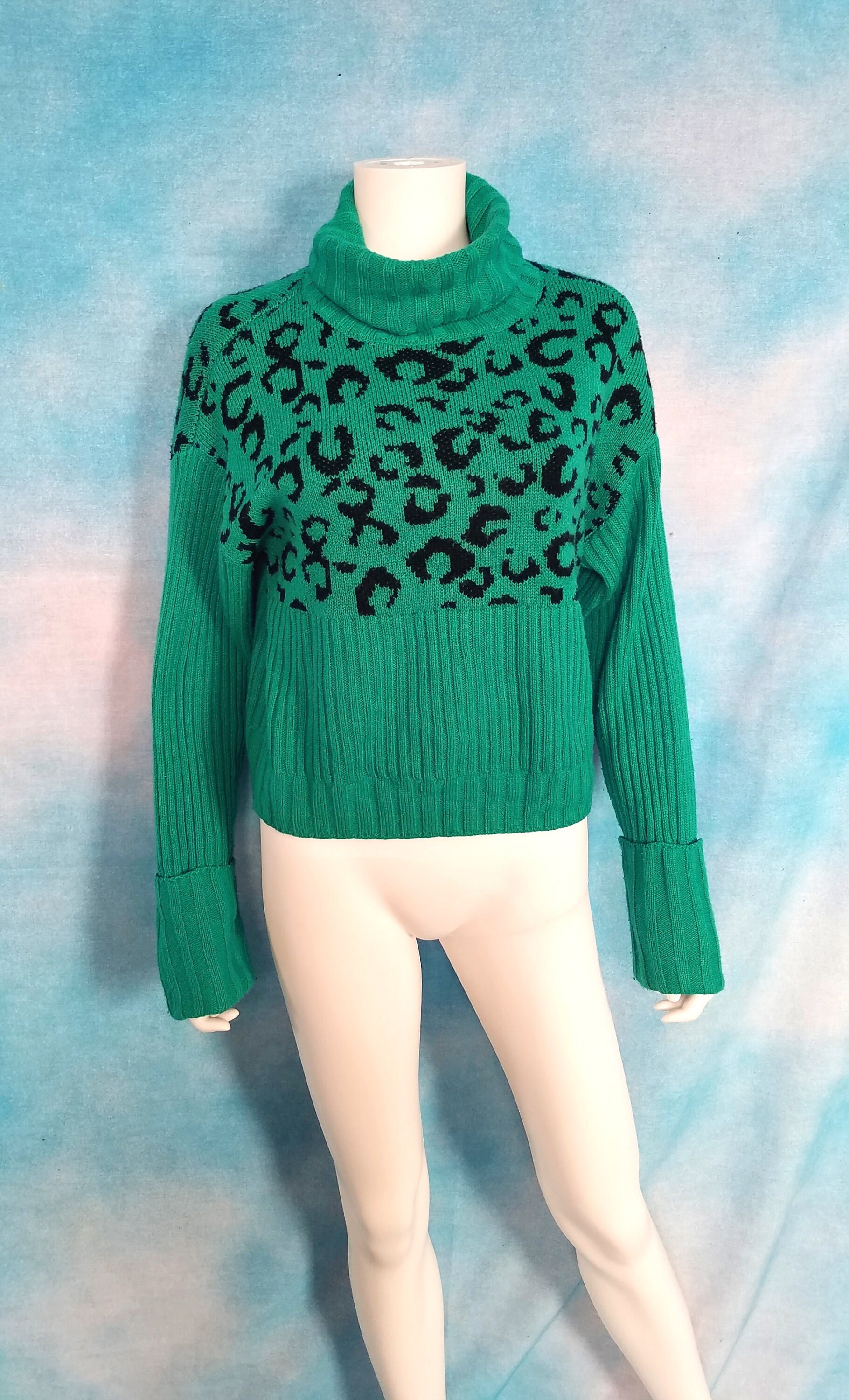 Vintage 90s Y2K Turquoise and Black Ribbed and Leopard Knit Cropped Cowl Turtleneck Sweater With Long Cuffed Sleeves Nine West Size S Etsy