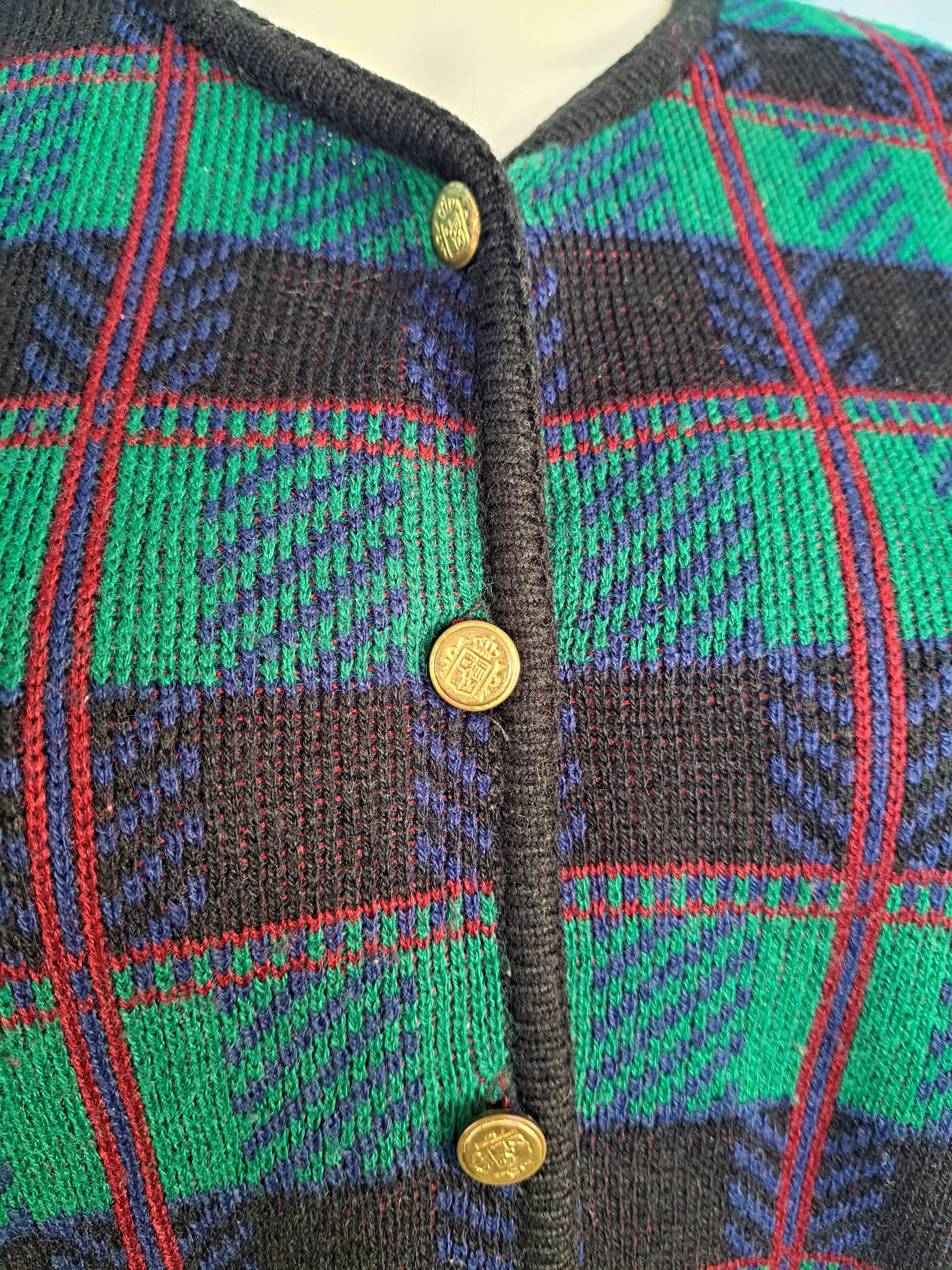 Vintage 80s or 90s Plaid Knit Cardigan Sweater, Green, Black, Blue