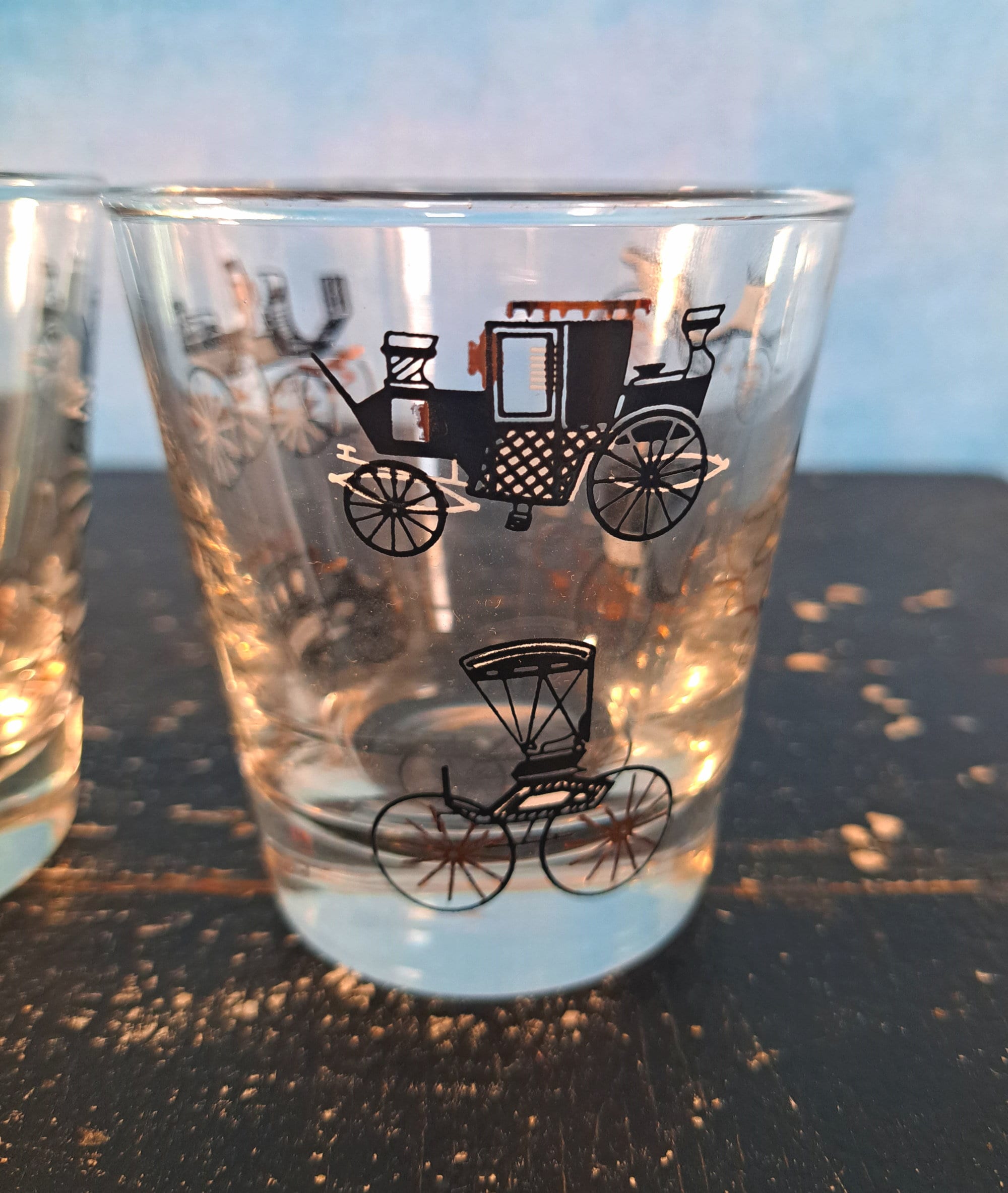 Vintage 1960s 2 Rocks Glasses With Antique Cars and Carriages