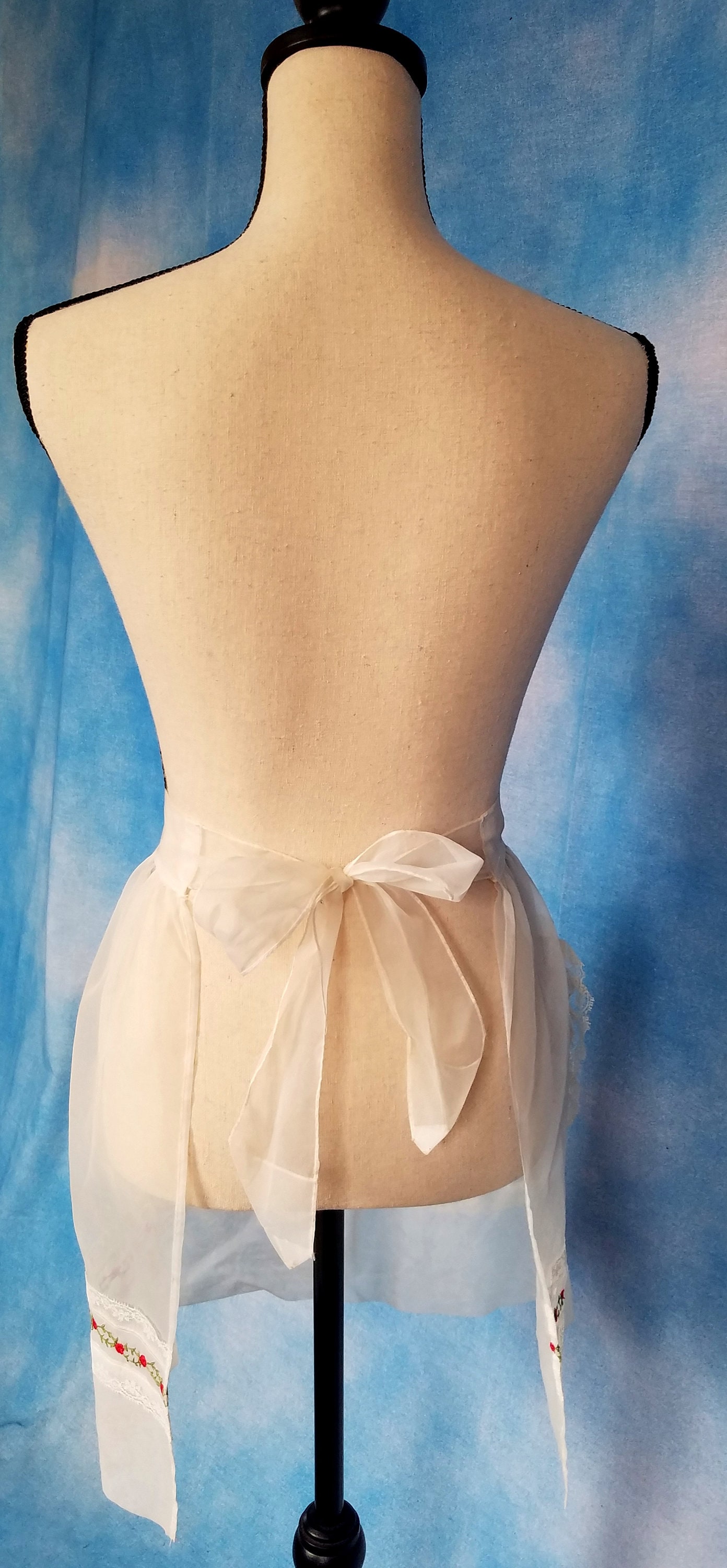Vintage 1950s 1960s Ivory White Sheer Lace Half Apron Vintage 50s or 60s White Sheer Nylon Chiffon Organza Half  main image 2