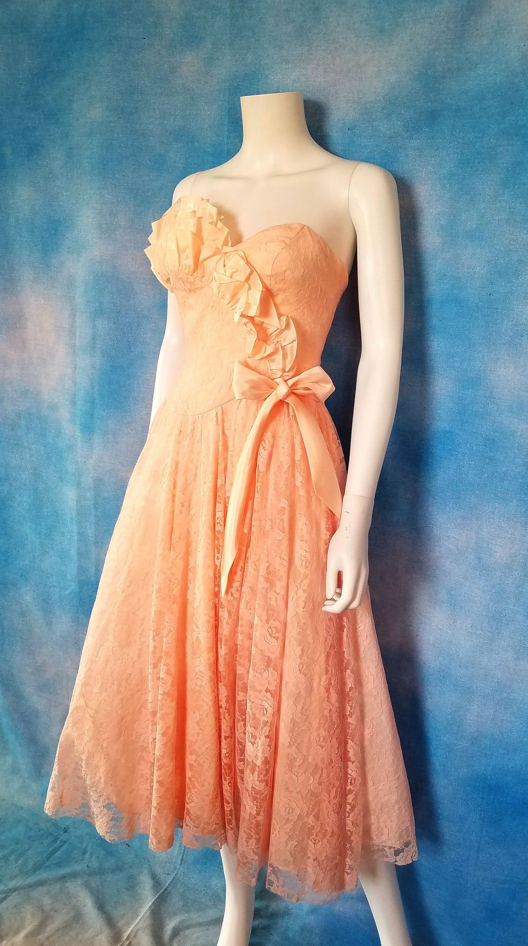 LOVE MOSCHINO ピンク リボン ベルト サイズ80 Vintage 80s Blush Pink Lace Strapless Prom Dress W Bodice