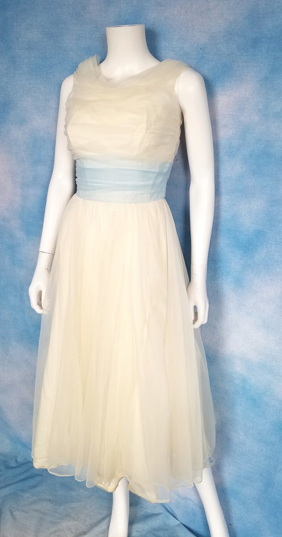 Vintage Early 60s White and Baby Blue Ruched Chiffon Cocktail Gown Prom Dress Cowl Neckline Blue Sash and Train Harry Keiser Size XS Etsy Canada