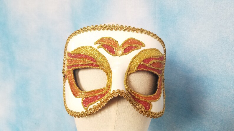 Vintage 80s or 90s White Plastic Felt-backed Sparkly Carnival Half Mask ...