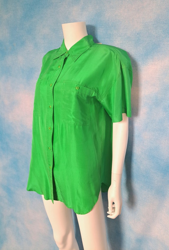 Vintage 90s Lime Peel Green Silk Camp Shirt Blous… - image 2