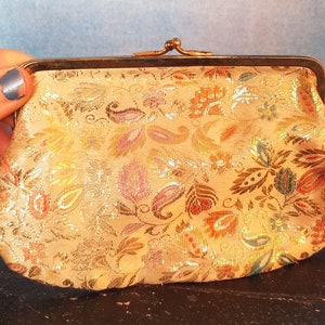 Vintage 50s or 60s Small Brocade Clutch or Coin Purse, Champagne, Gold Thread and Pastel Paisley Brocade, Gold Frame, Kiss Clasp
