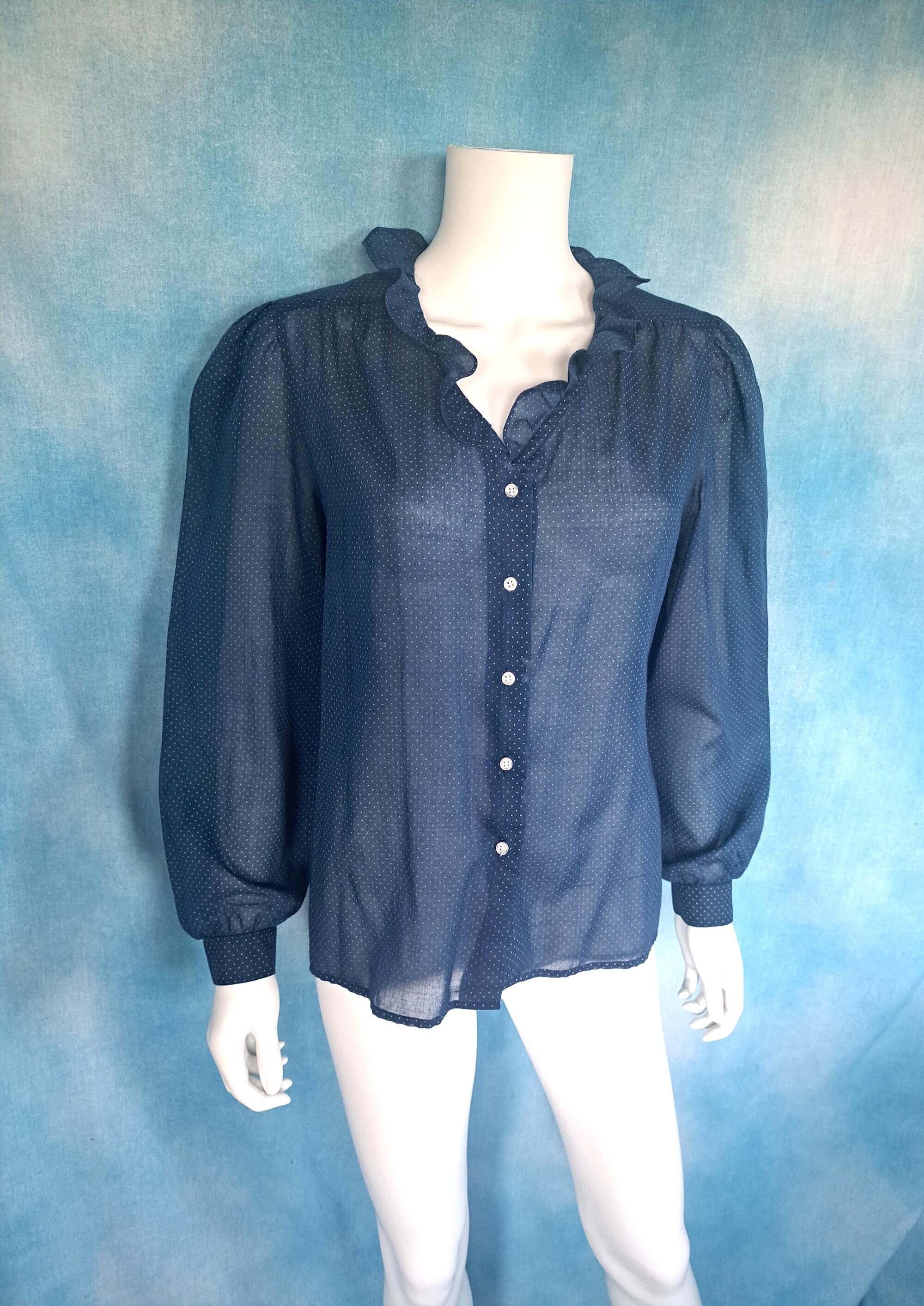 Sheer Cotton Gauze Navy Blue and White Swiss Dot Secretary Blouse